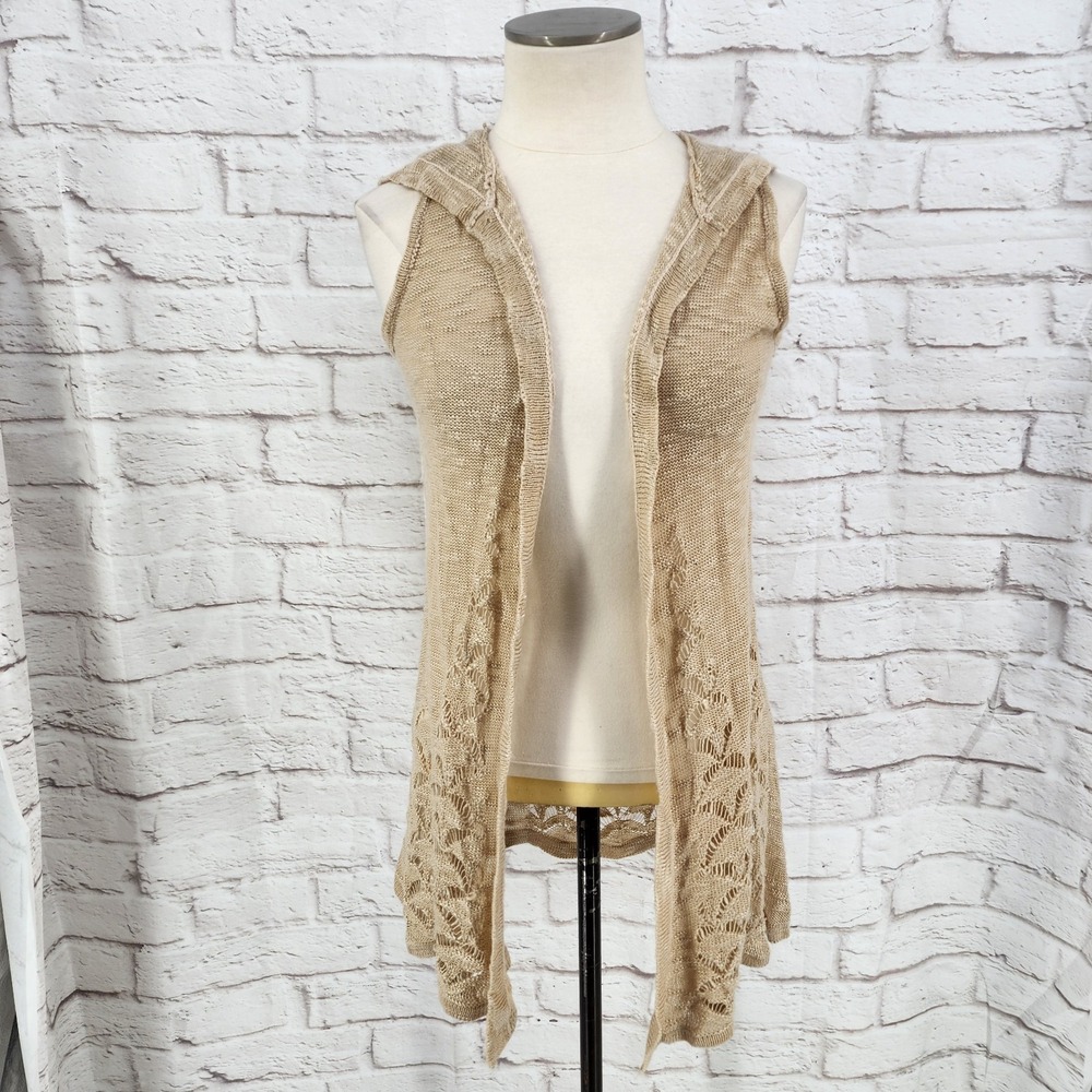 Country Cowgirl Lace Knit Cardigan Hooded Natural Boho Cottage Coastal Medium